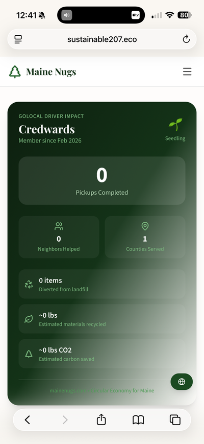 GoLocal Driver Impact Dashboard showing volunteer stats like pickups completed, neighbors helped, counties served, items diverted from landfill, and estimated CO2 saved